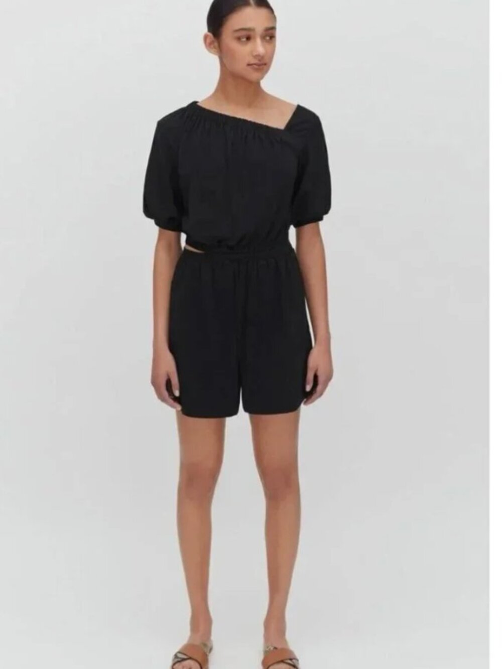Cuyana Pima Cotton Gathered Front Romper with Waist Cutout